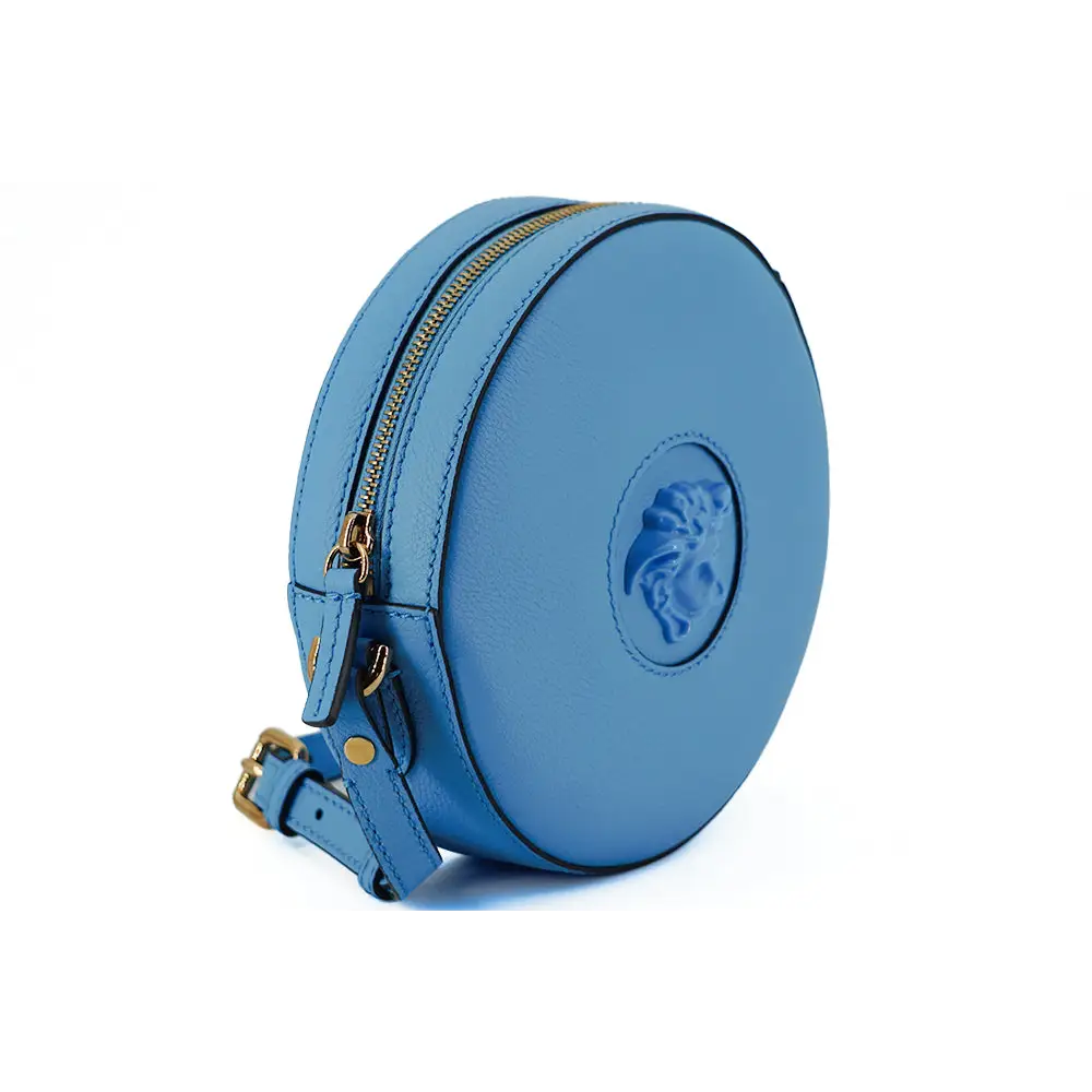 Versace Schicke runde Umhängetasche aus blauem Leder