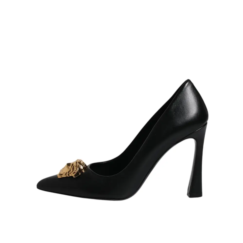 Versace Schwarz Leder Logo Plaque High Heels Pumps Schuhe
