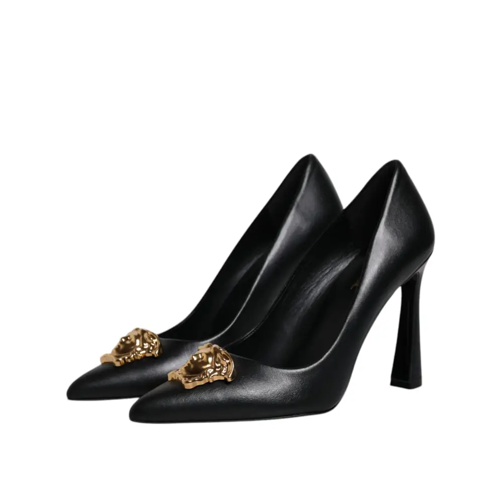 Versace Schwarz Leder Logo Plaque High Heels Pumps Schuhe - EU38/US7.5