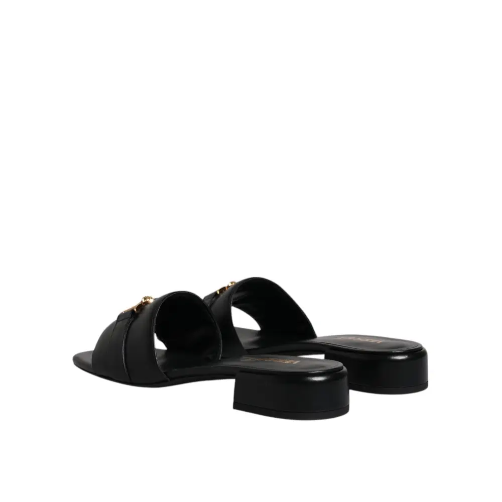 Versace Schwarz Leder Logo Plaque Slip On Slides Flats Schuhe