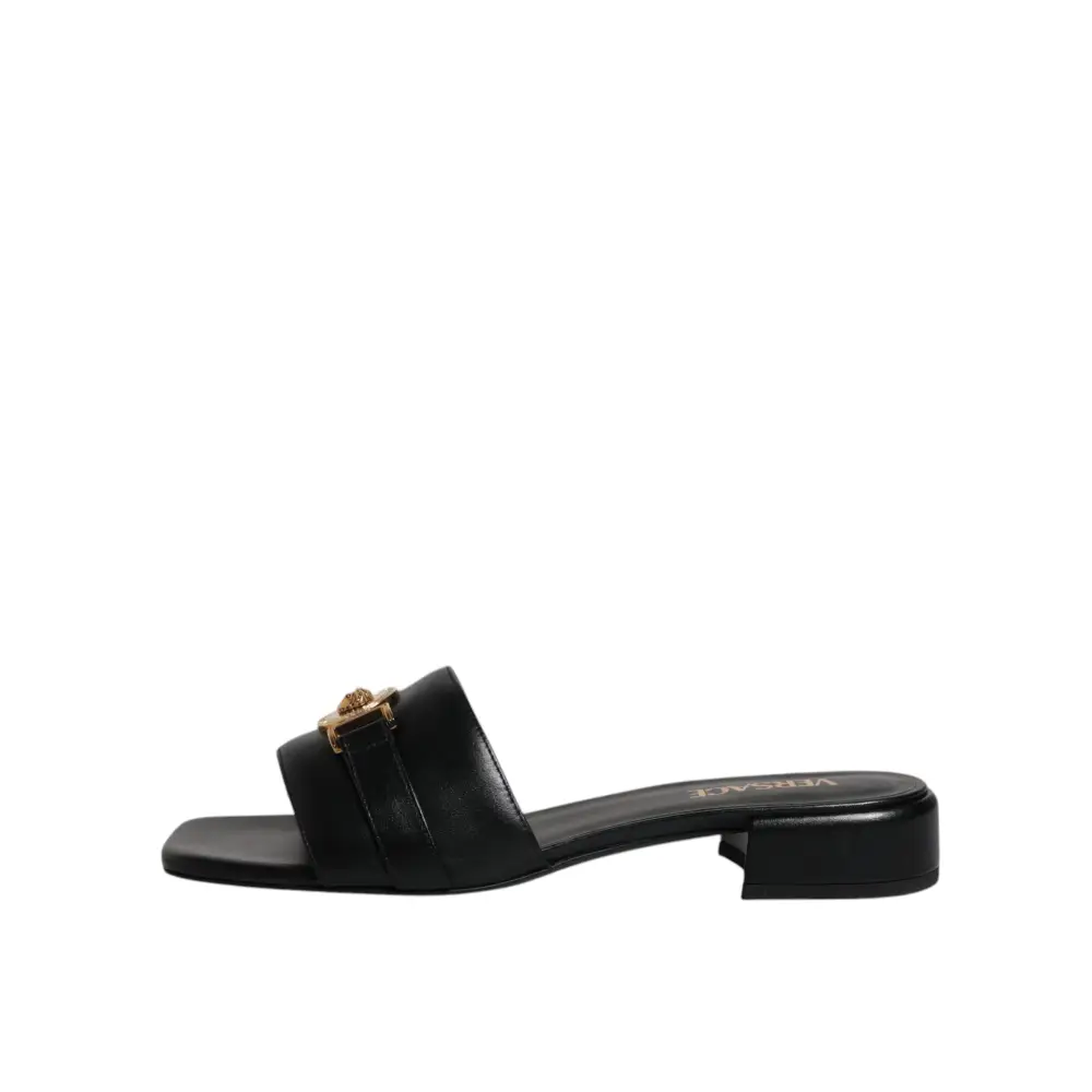 Versace Schwarz Leder Logo Plaque Slip On Slides Flats Schuhe