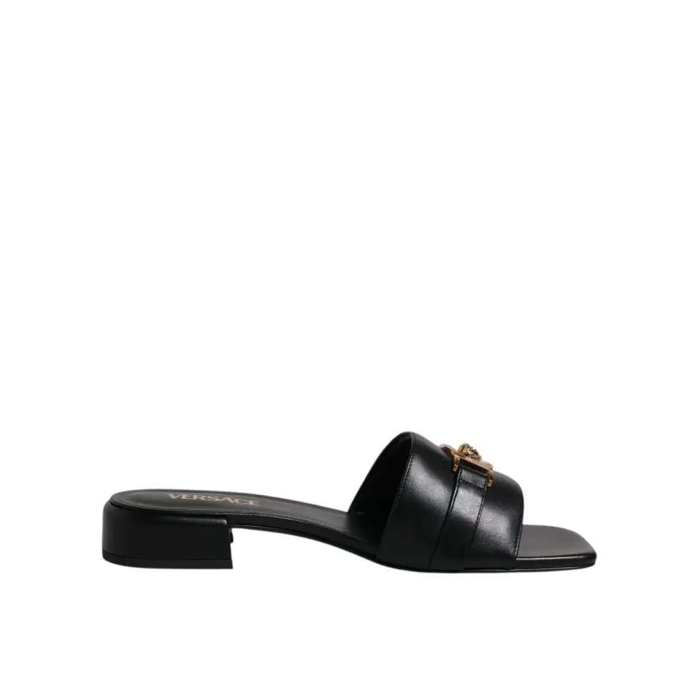 Versace Schwarz Leder Logo Plaque Slip On Slides Flats Schuhe