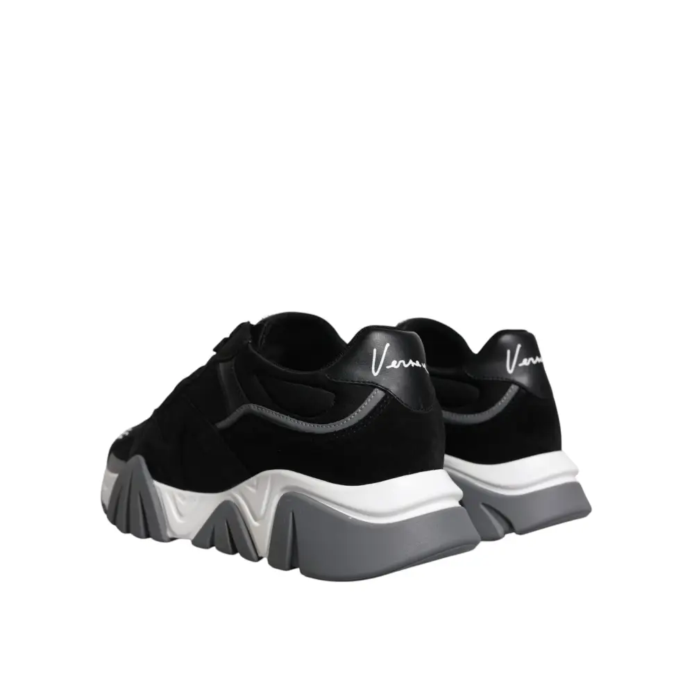 Versace Schwarz Leder Neopren Chunky Low Top Turnschuhe Squalo Schuhe