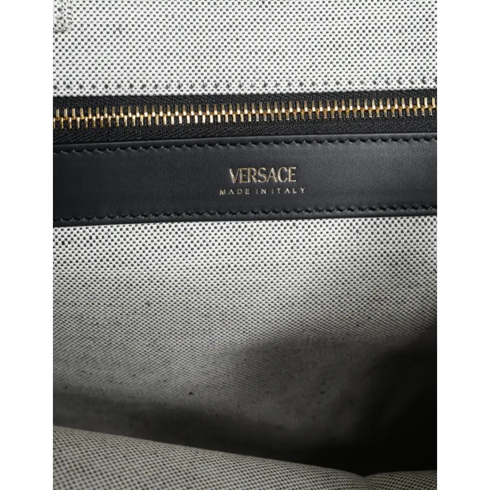 Versace Weiße Top Handle Canvas Leder Logo Crossbody Tote Bag