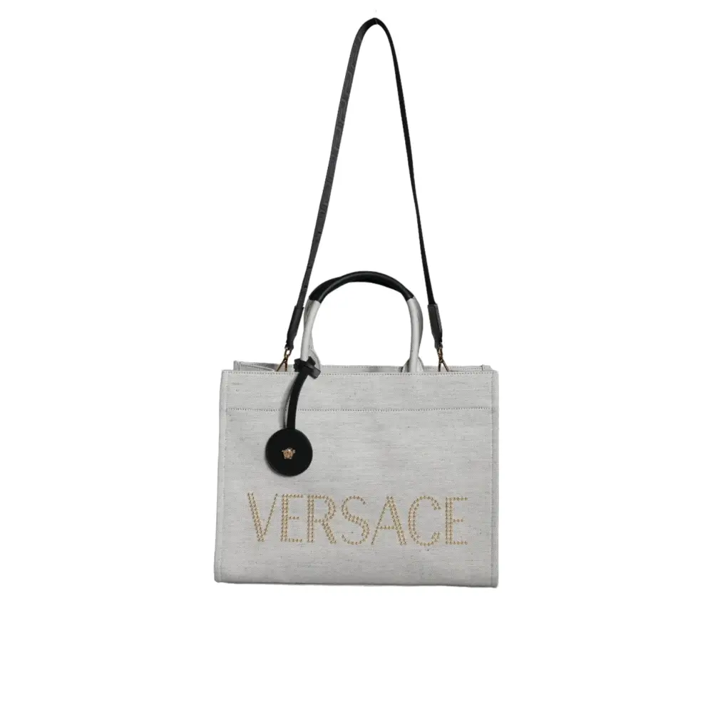 Versace Weiße Top Handle Canvas Leder Logo Crossbody Tote Bag